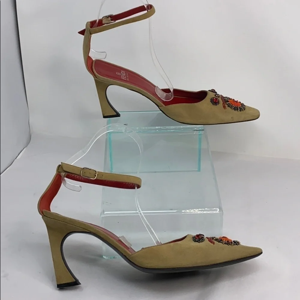 Fendi Sz 9.5M Beige Suede Beaded Ankle Strap Heels